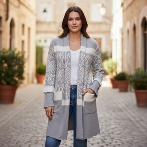 Anthropologie Lemon Intarsia Heavyweight Open Front Isle Print Cardigan Sweater